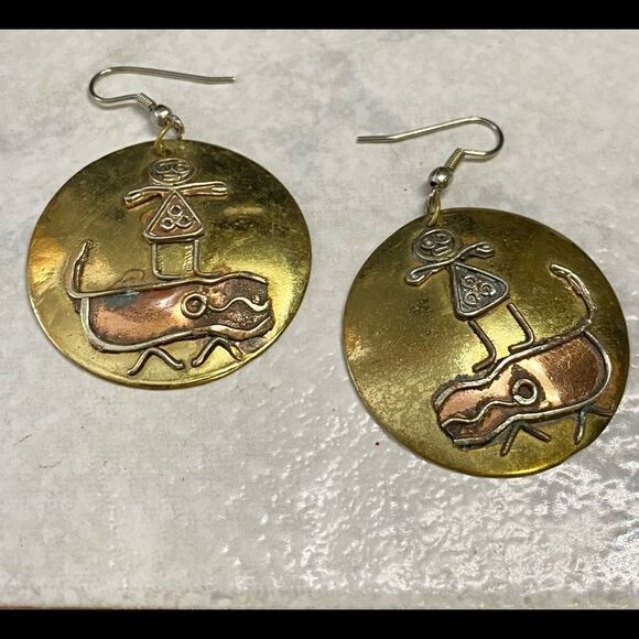 𝅺VINTAGE Boho handcrafted brass/copper earrings - Picture 1 of 2